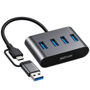 Astrum UH350 4-Port USB 3.0 Hub with USB-A & USB-C – Grey