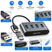Astrum UH350 4-Port USB 3.0 Hub with USB-A & USB-C – Grey
