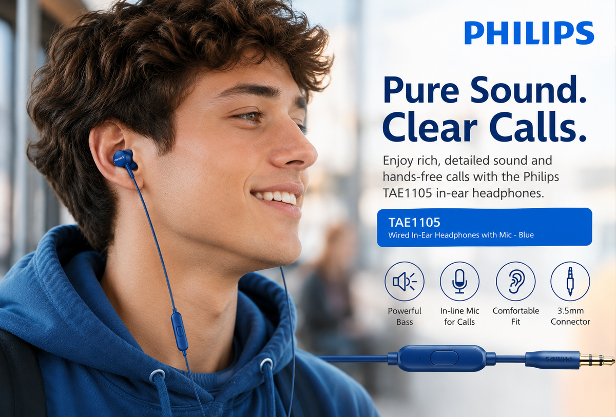 Philips TAE1105 Wired In - Ear Headphone with Mic - Blue