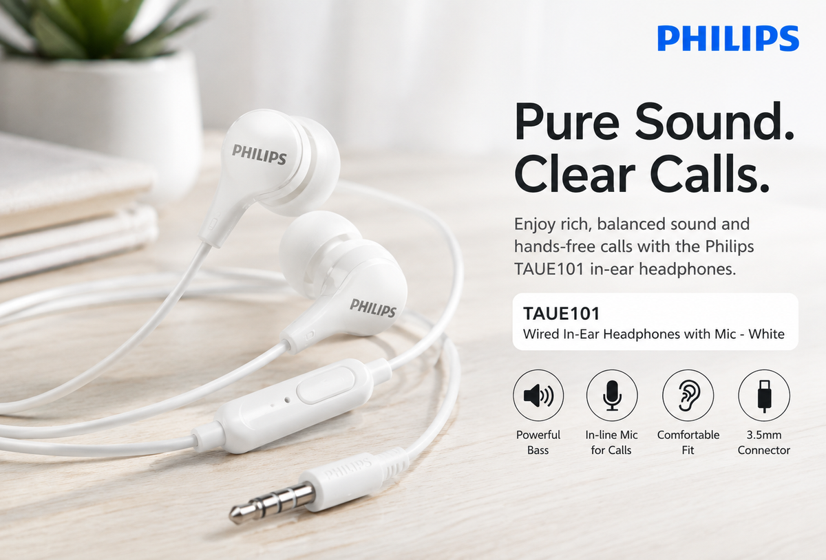 Philips TAUE101 Wired In - Ear Headphone with Mic - White