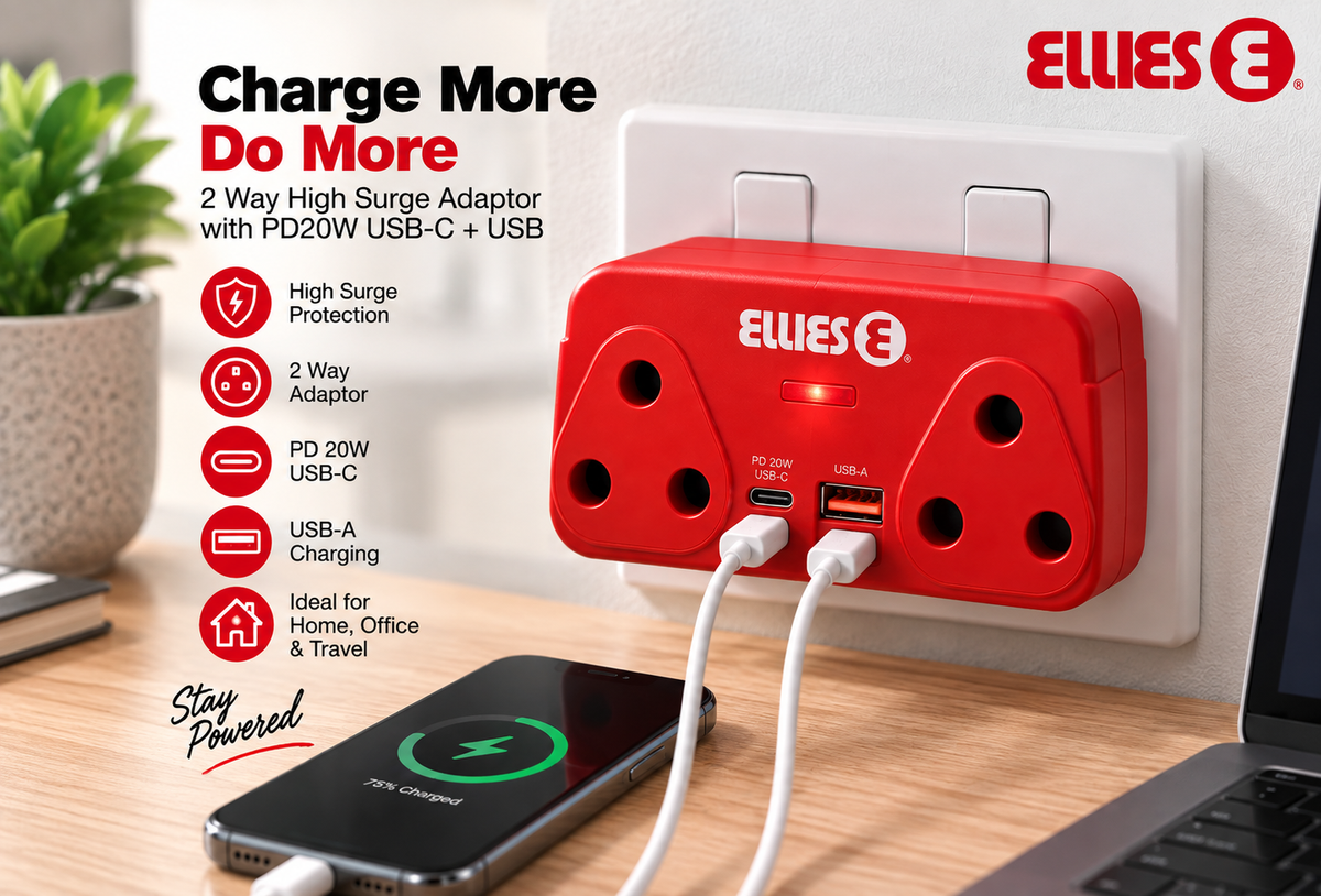 Ellies 2-Way High Surge Adaptor with 20W PD USB-C + USB – Red