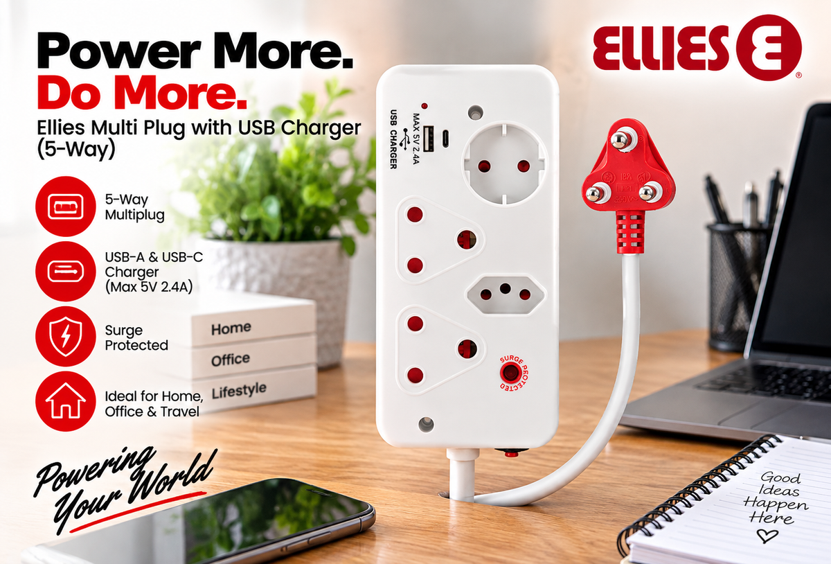 Ellies 4-Way Surge Multiplug with USB-A+USB-C 0.5m - WT