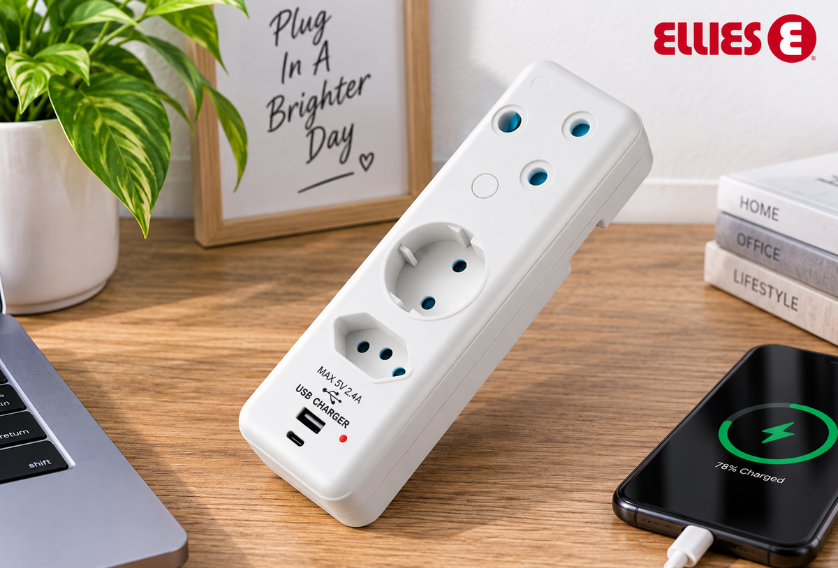 Ellies 3-Way Schuko Adaptor with USB-C and USB — White