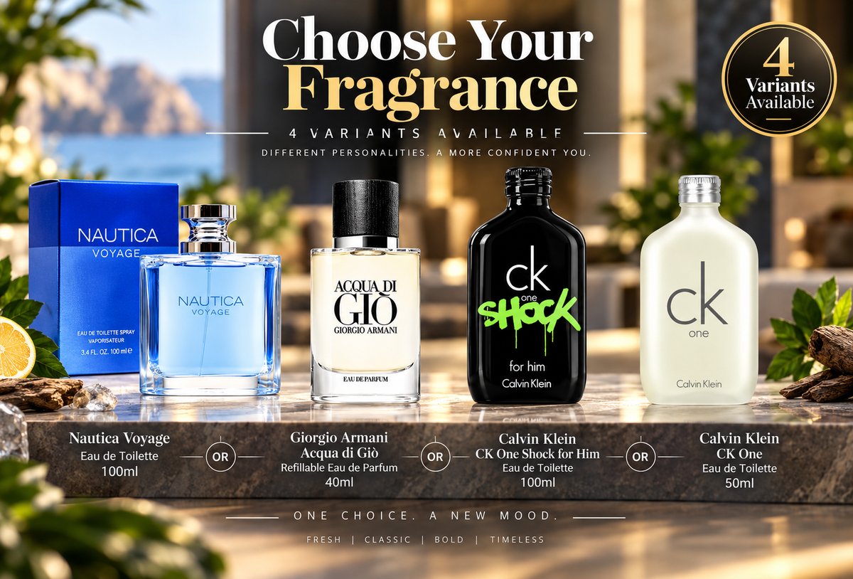 Designer Fragrances –  Giorgio Armani, CK Shock, CK One Or Nautica Voyage