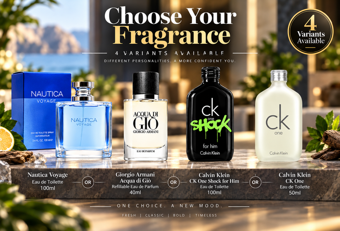 Designer Fragrances –  Giorgio Armani, CK Shock, CK One Or Nautica Voyage