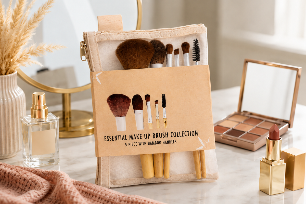 5-Piece Bamboo Beauty Makeup Brush Set with Storage Bag