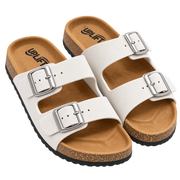Uplift Double Buckle Faux Suede Slip-On Sandals - Beige/black