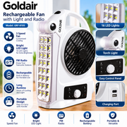 Goldair Rechargeable Fan with LED Light & Radio – GRF-8105