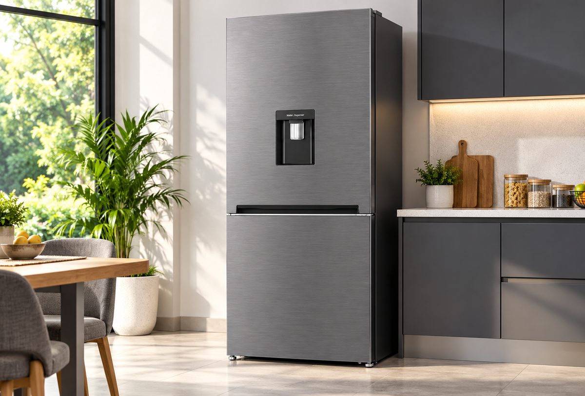 Defy DAC627 60cm Fridge/Freezer with Water Dispenser – Satin Metallic