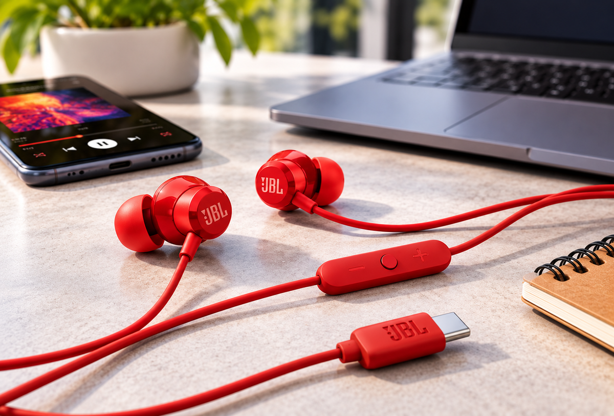 JBL Tune 305C USB-C Wired Hi-Res Earbud Headphones – Red