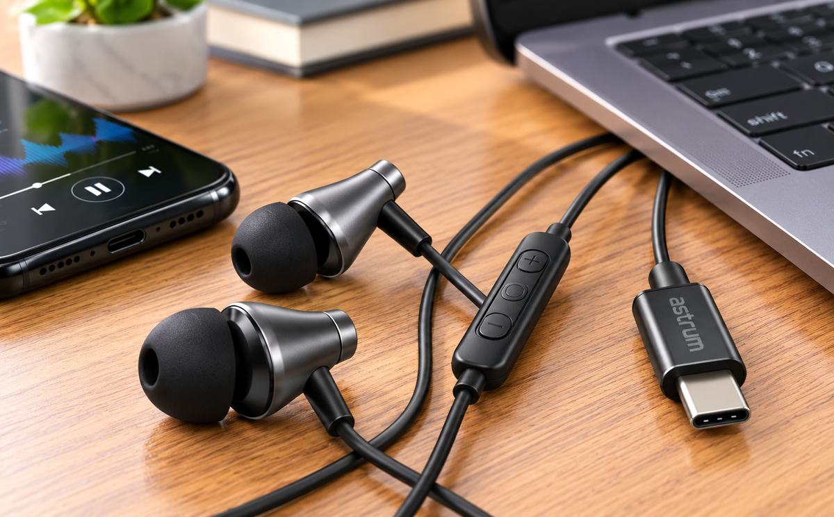 Astrum WIREZ10C USB-C Wired In-Ear Earphones with Microphone – Black